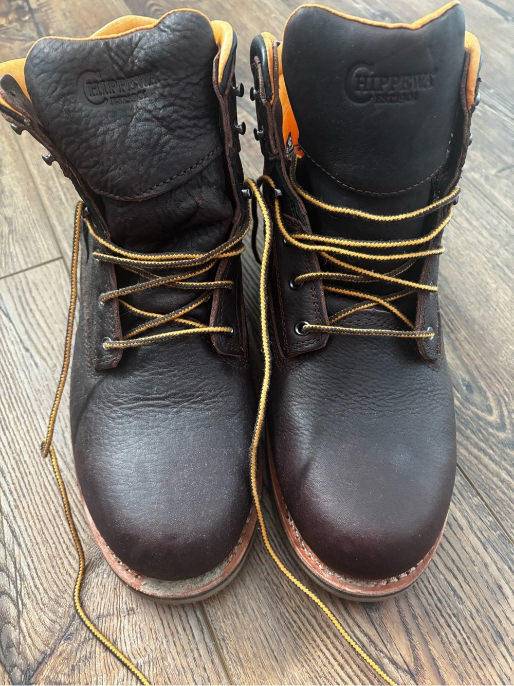 Chippewa Brown Leather Work Boots with Yellow Laces and Lining